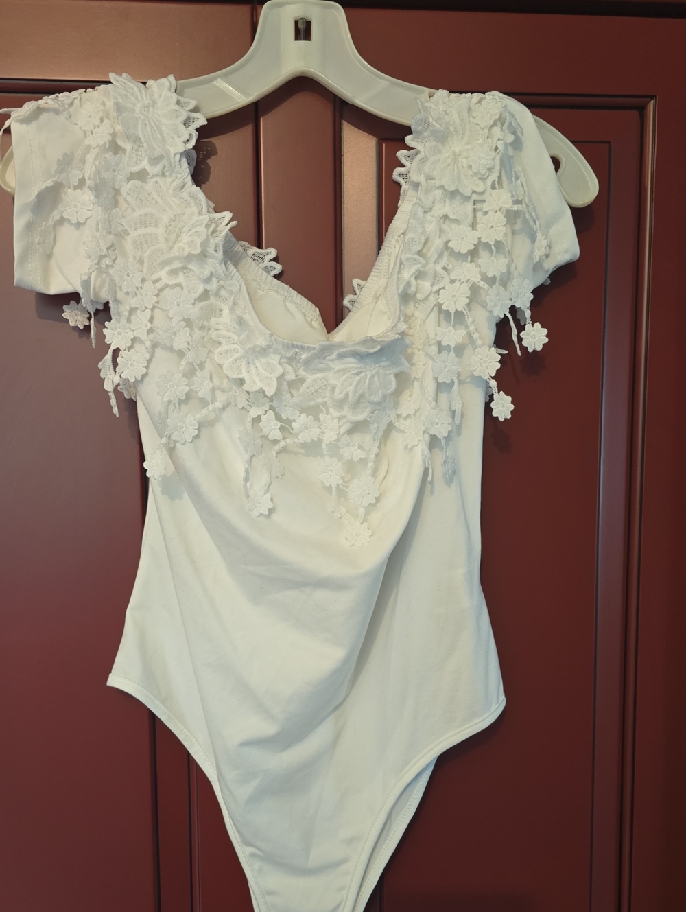 White Floral Lace-Trim Bodysuit - Women Tops